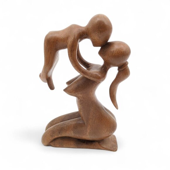 Hand Carved Wood Sculpture Mother & Child Hug Abstract Figurine Modern Decor - Picture 1 of 7